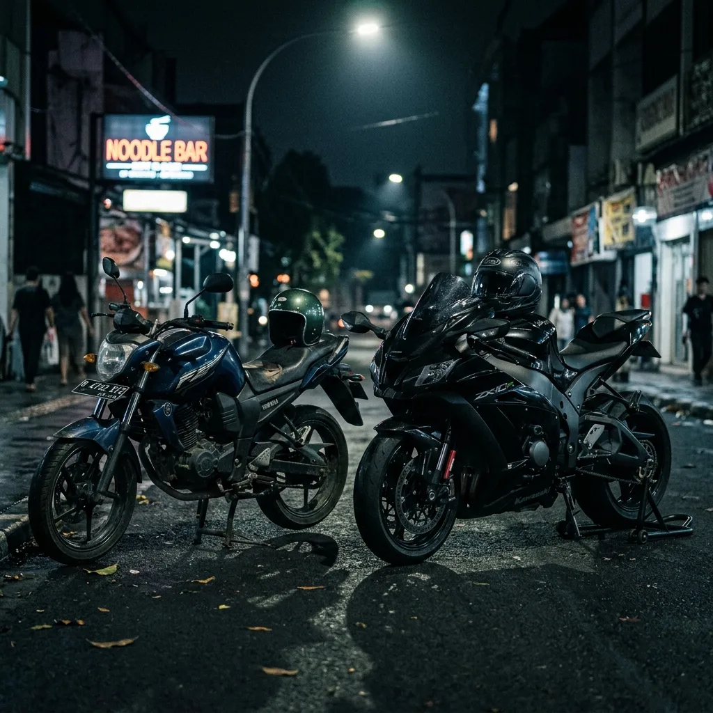Comparación visual de motos de 150cc y 1000cc con sus cascos