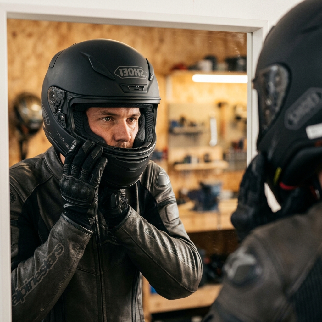 Motorista probándose un casco de moto integral para comprobar el ajuste