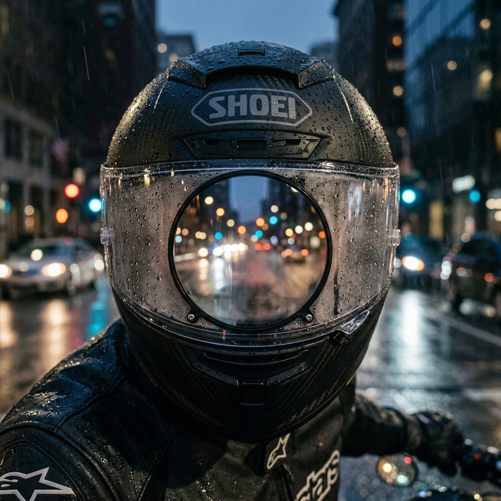 Visor de casco de moto empañado por la condensación y la lluvia