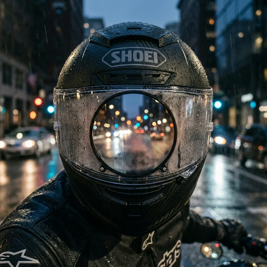 Visor de casco de moto empañado por la condensación y la lluvia