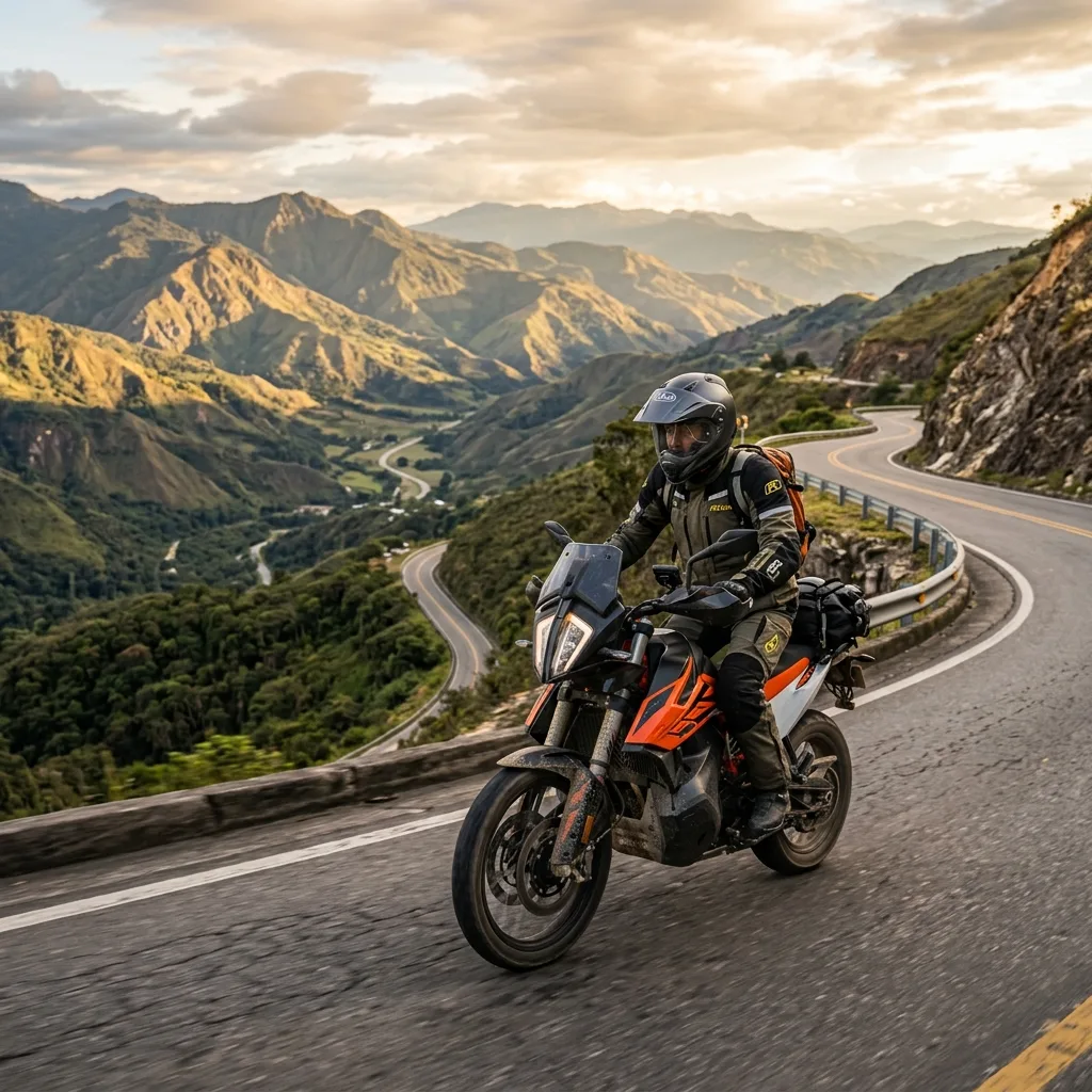 Motorista con casco adventure trail conduciendo en carretera de terracería