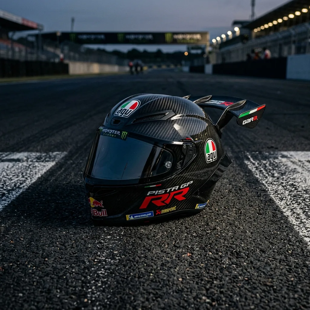 Casco AGV Pista GP RR 100% fibra de carbono con spoiler aerodinámico en entorno de carreras