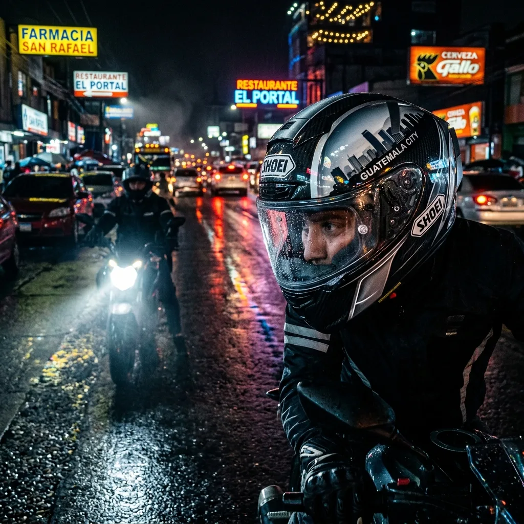Motociclista rodando de noche con casco de visor claro y detalles reflejantes bajo luces de ciudad en Guatemala