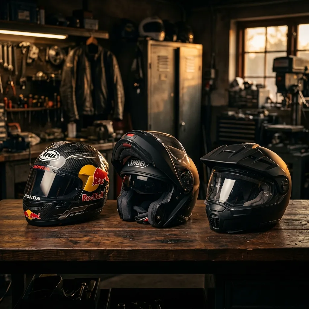 Tres tipos de cascos de moto alineados en taller: integral de carreras, modular de viaje y dual sport adventure