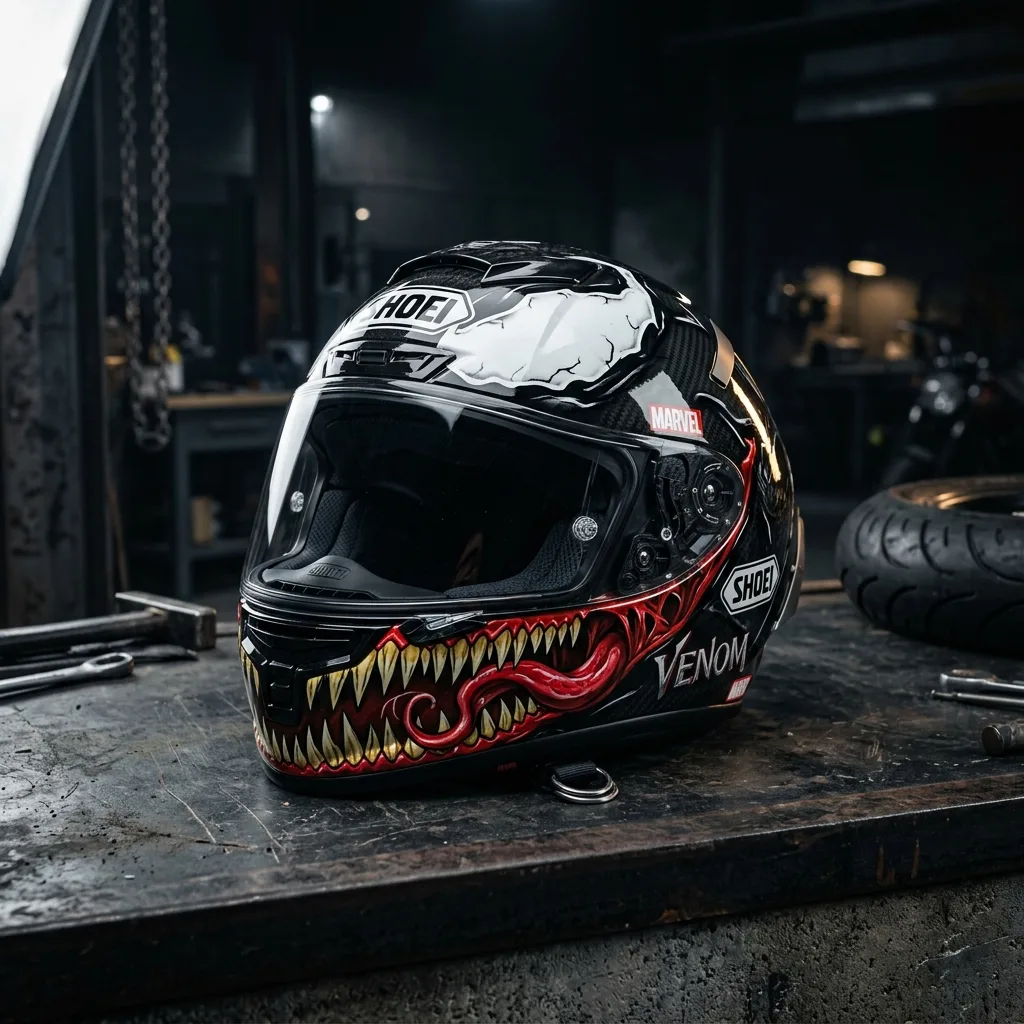 Casco HJC RPHA 11 Venom Marvel con visera oscura y acabado gráfico brillante