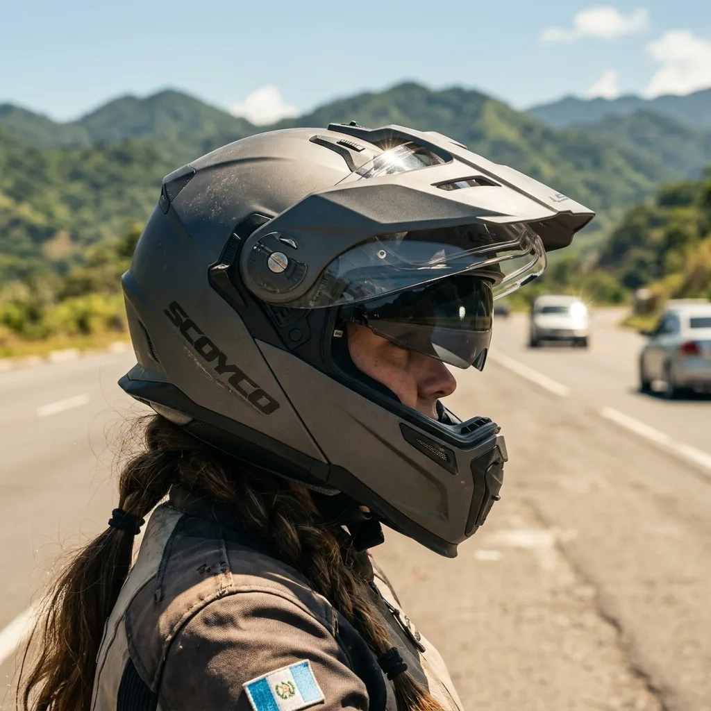 Motociclista accionando el mecanismo lateral de visor solar interno en casco gris bajo el sol de carretera