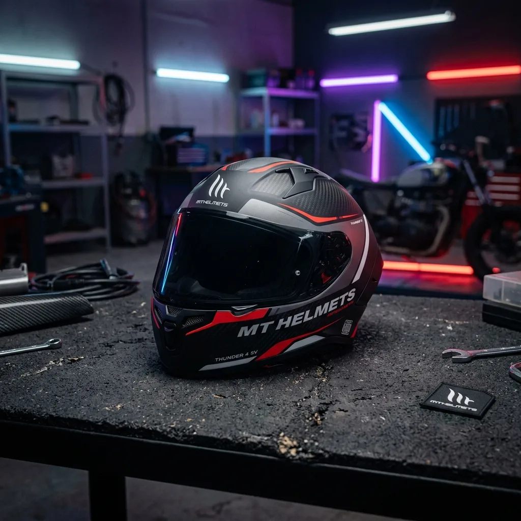 Casco MT Helmets Thunder 4 SV certificado ECE 22.06 sobre mesa de taller de motociclismo en Guatemala