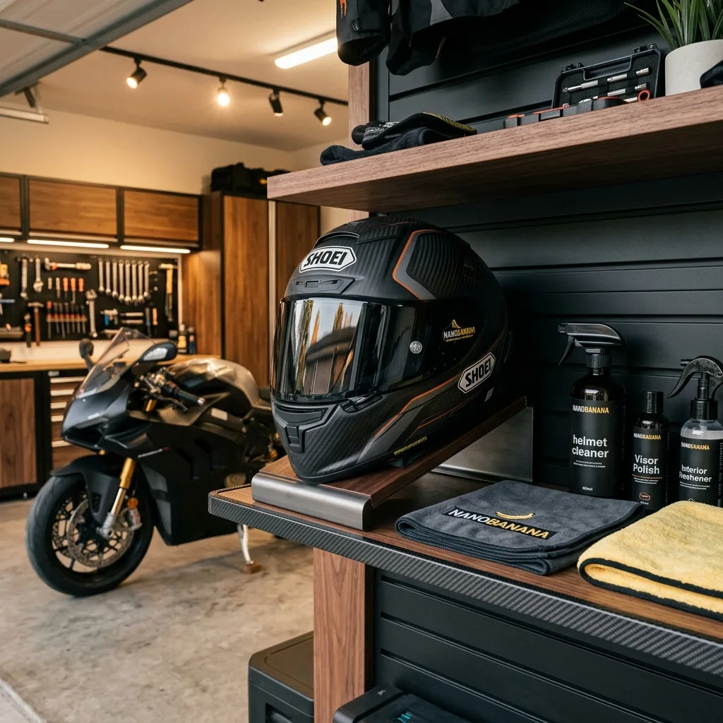 Casco de moto almacenado correctamente en repisa de pared con productos de limpieza e microfibra