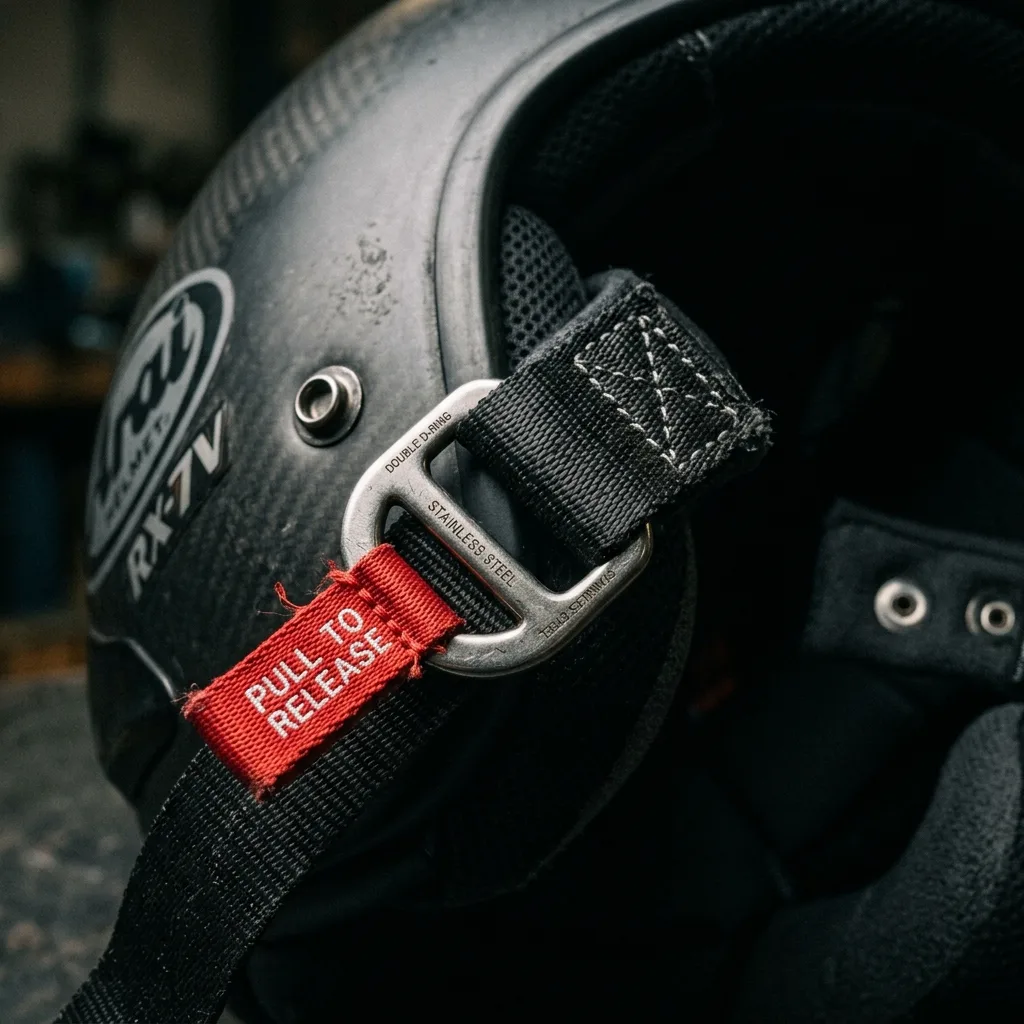 Primer plano macro de hebilla de cierre Doble D en acero inoxidable y cinta de retención de casco de moto