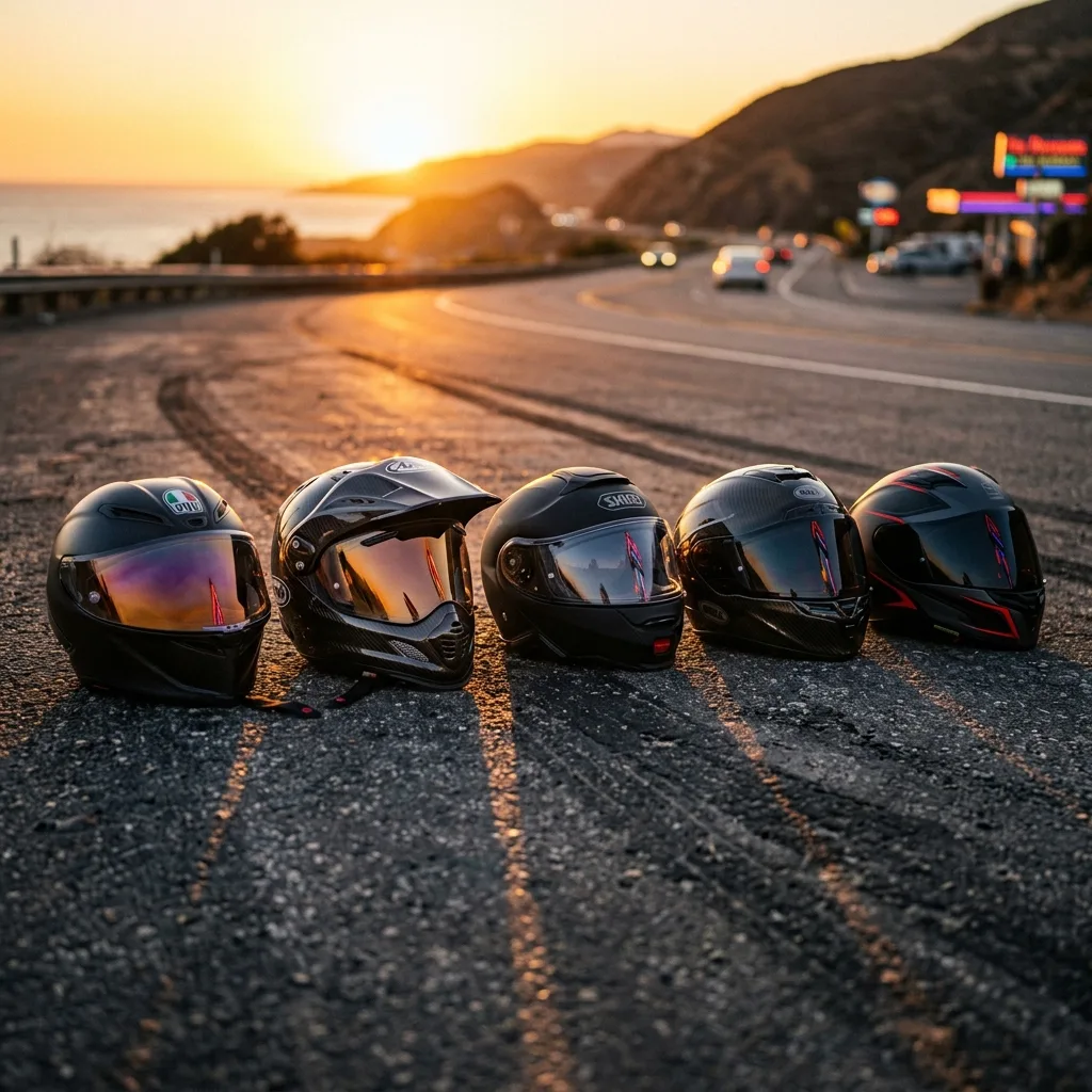 Colección de los mejores cascos de moto de marcas top en Guatemala sobre una mesa de exhibición
