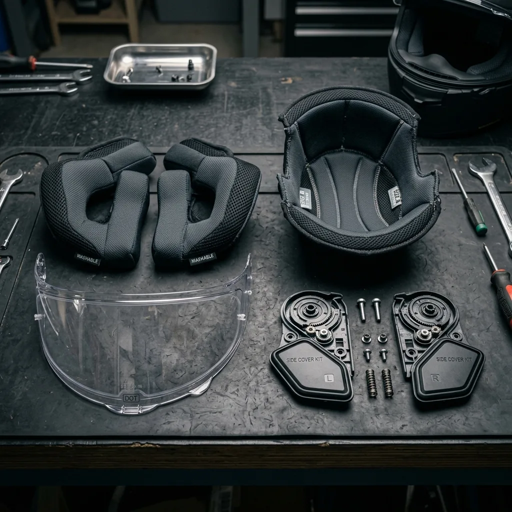 Piezas de repuesto para casco de moto sobre mesa de trabajo: almohadillas, acolchado interno y mecanismo de visor