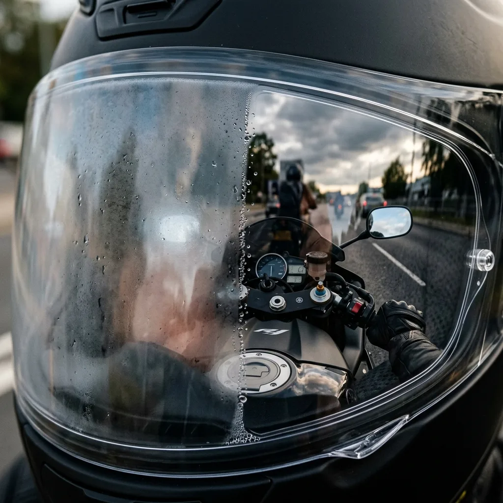Comparativa visual en visor de casco: lado empañado por aliento vs lado cristalino con inserto Pinlock