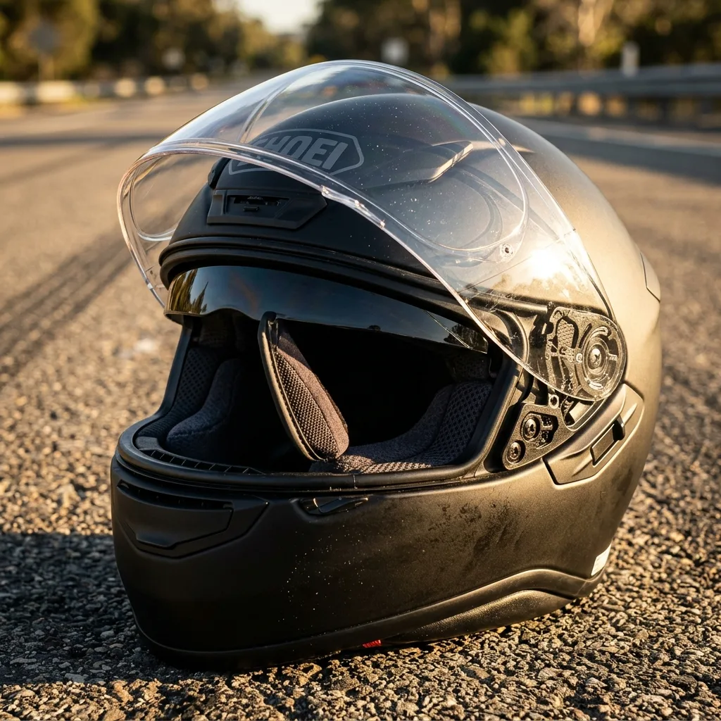 Casco de moto negro mate con visor solar interno retráctil desplegado bajo luz solar intensa