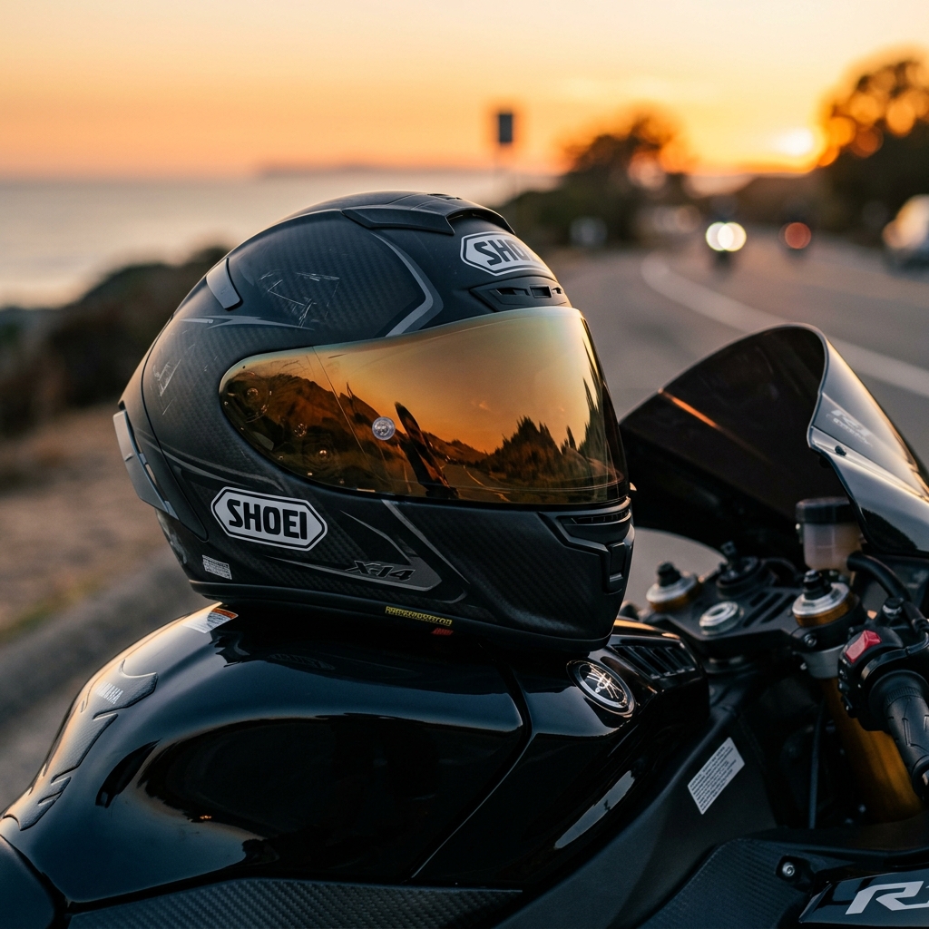 Casco Integral en Deportiva al Atardecer