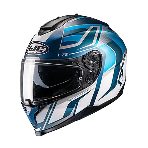 Casco HJC C70 blanco azul gris, disponible en tiendas de Guatemala